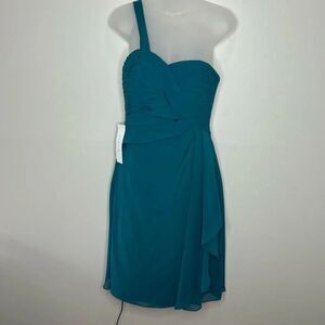 Azazie Madalynn Bridesmaid Dress one shoulder Peacock NWT Size A4 ruffle detail